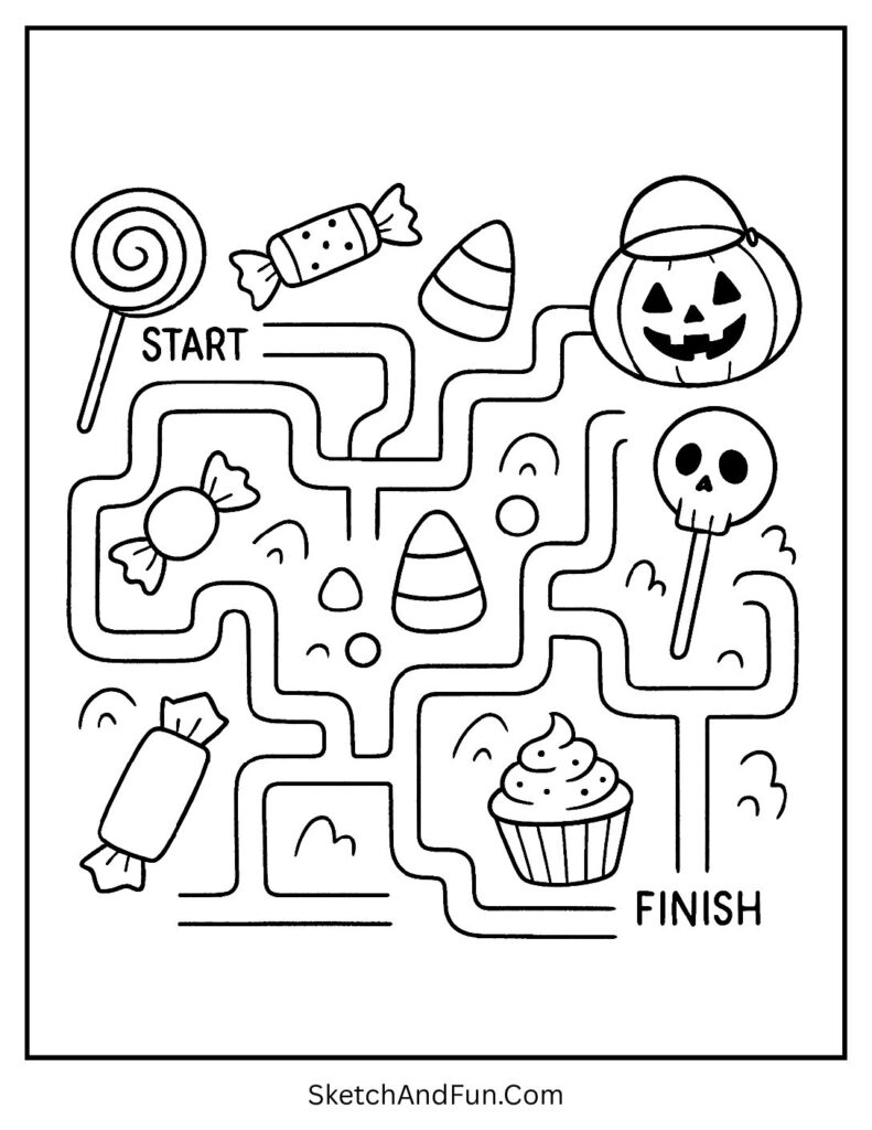 A candy maze filled with Halloween treats – Halloween coloring pages pdf