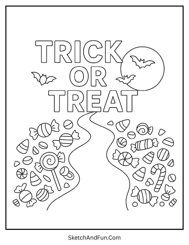 Candy path leading to moon for trick or treat coloring pages in big letters.