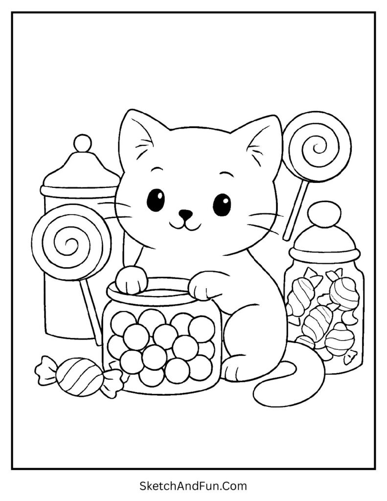 Fluffy kitten with lollipops and jars for sweet big cat coloring pages candy fun.