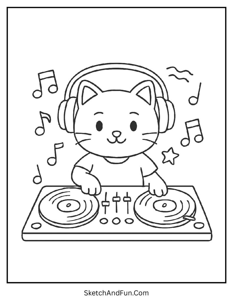Cool kitten with headphones at turntable for lively unicorn cat coloring pages party.