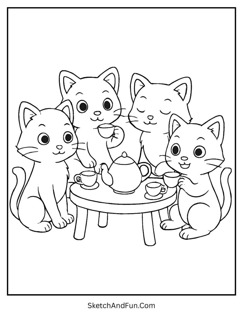 Kittens sipping tea at small table for gentle cat coloring pages for toddlers fun.