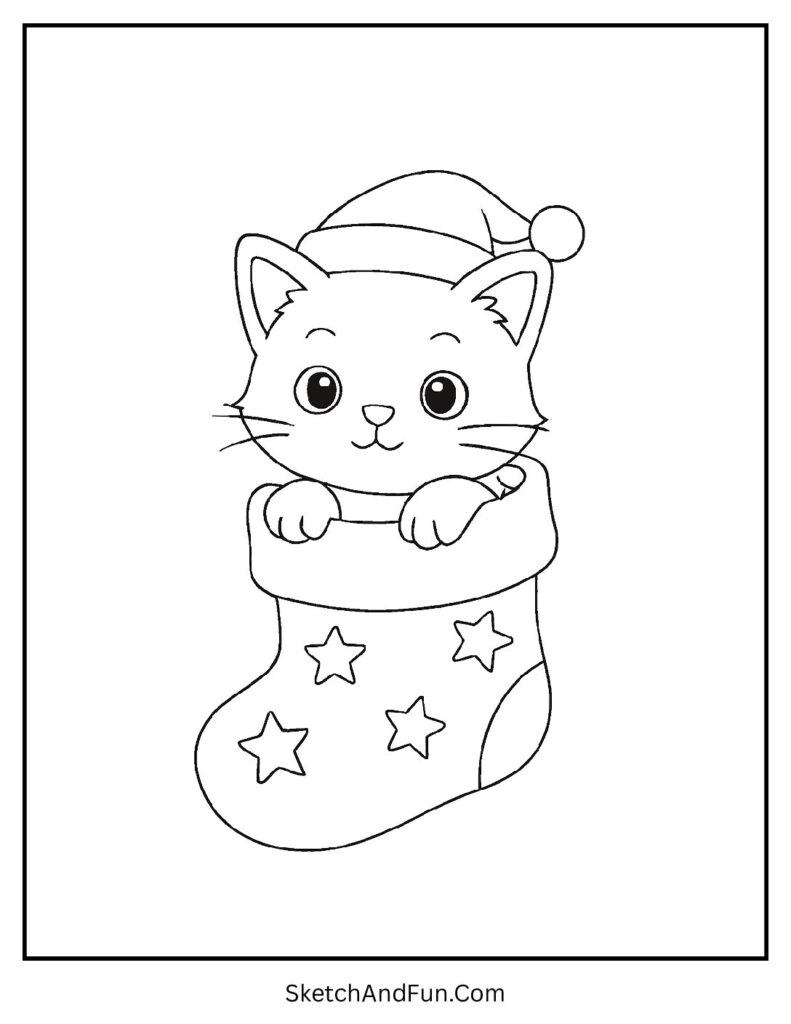Cute kitten peeking from stocking for joyful printable cartoon kitten coloring pages.