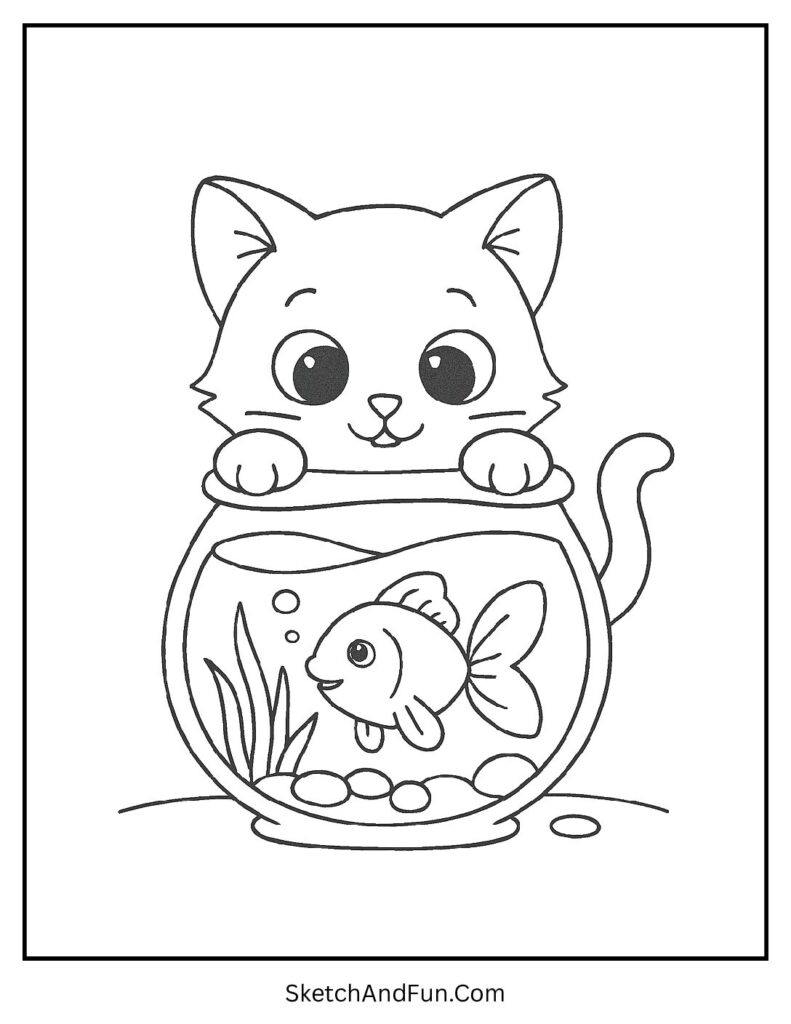 Curious kitten peeking into bowl with goldfish for cartoon cat coloring pages activity.