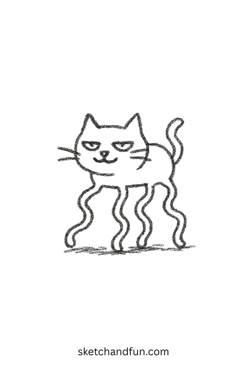Cat walking with spaghetti legs, silly and stretchy goofy ahh art style sketch for laughs