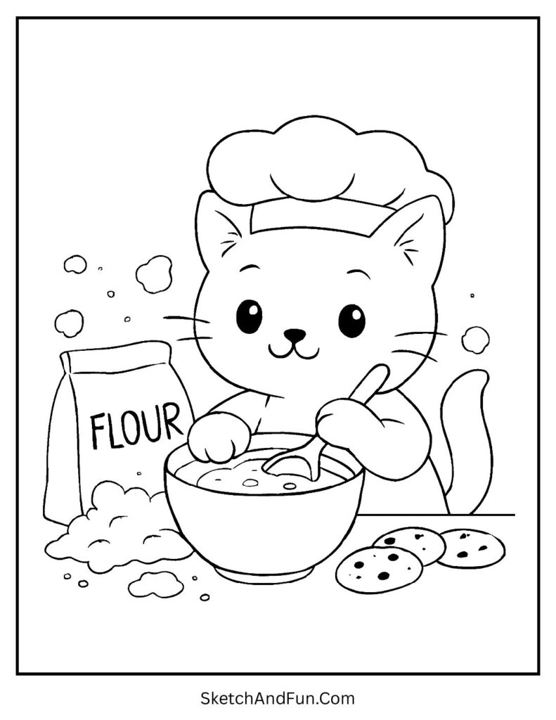 Playful kitten in chef hat baking cookies for holiday Christmas cat coloring pages.