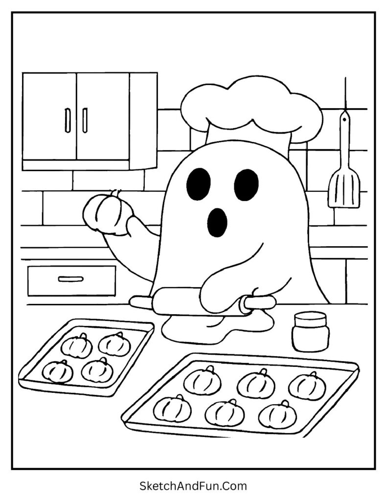 A chef ghost baking cookies works well as a ghost coloring page kids printable activity.