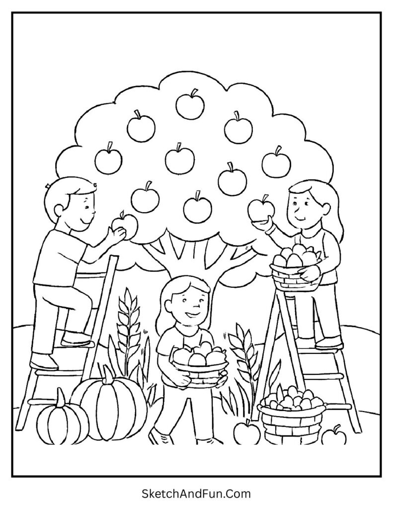Kids picking apples from tree for apple harvest coloring pages.
