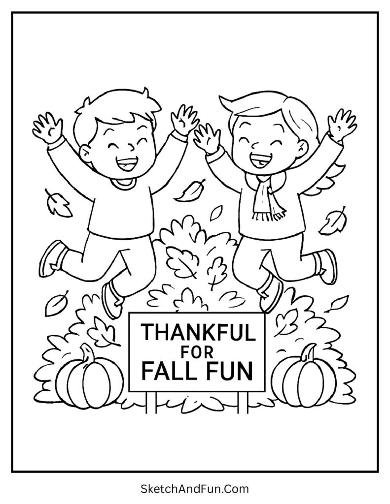 Kids jumping in leaves on kids free Thanksgiving coloring pages with pumpkins.