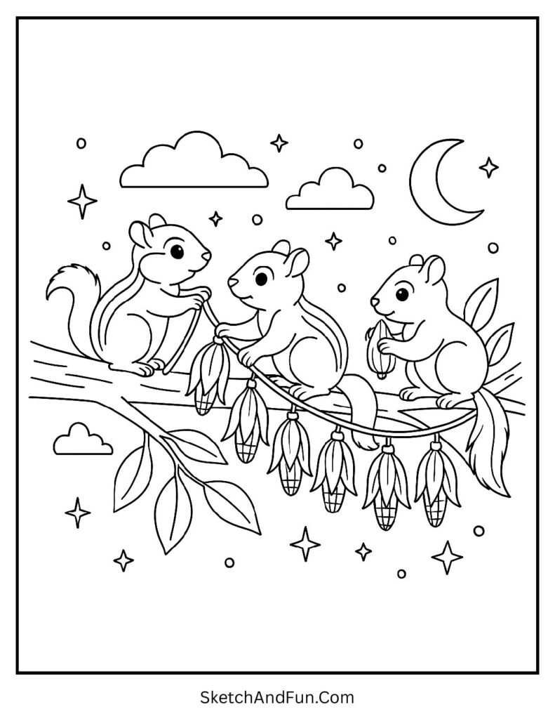 Chipmunks with corn garland on Thanksgiving coloring pages coloring book style.