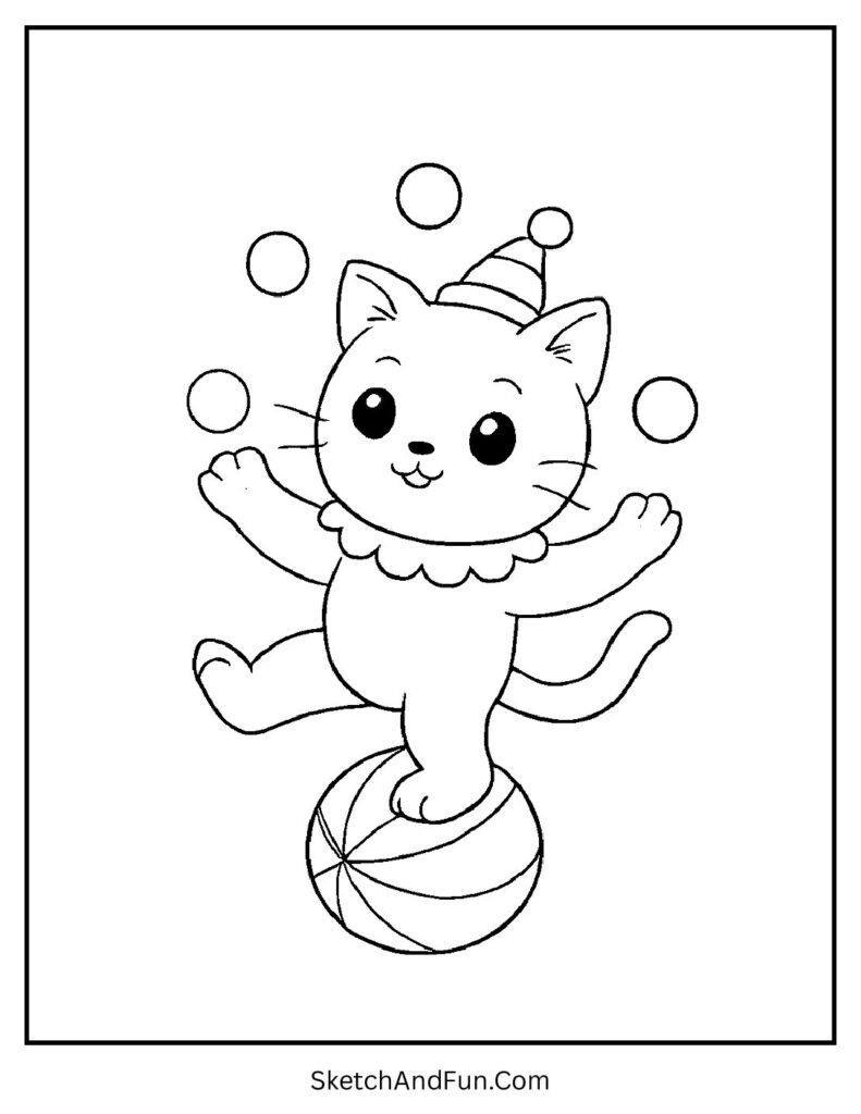 Kitten juggling on circus ball for lively Christmas cat coloring pages free.