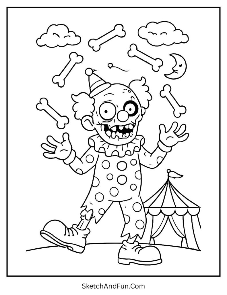 Clown zombie juggling bones – scary zombie coloring pages for young kids.