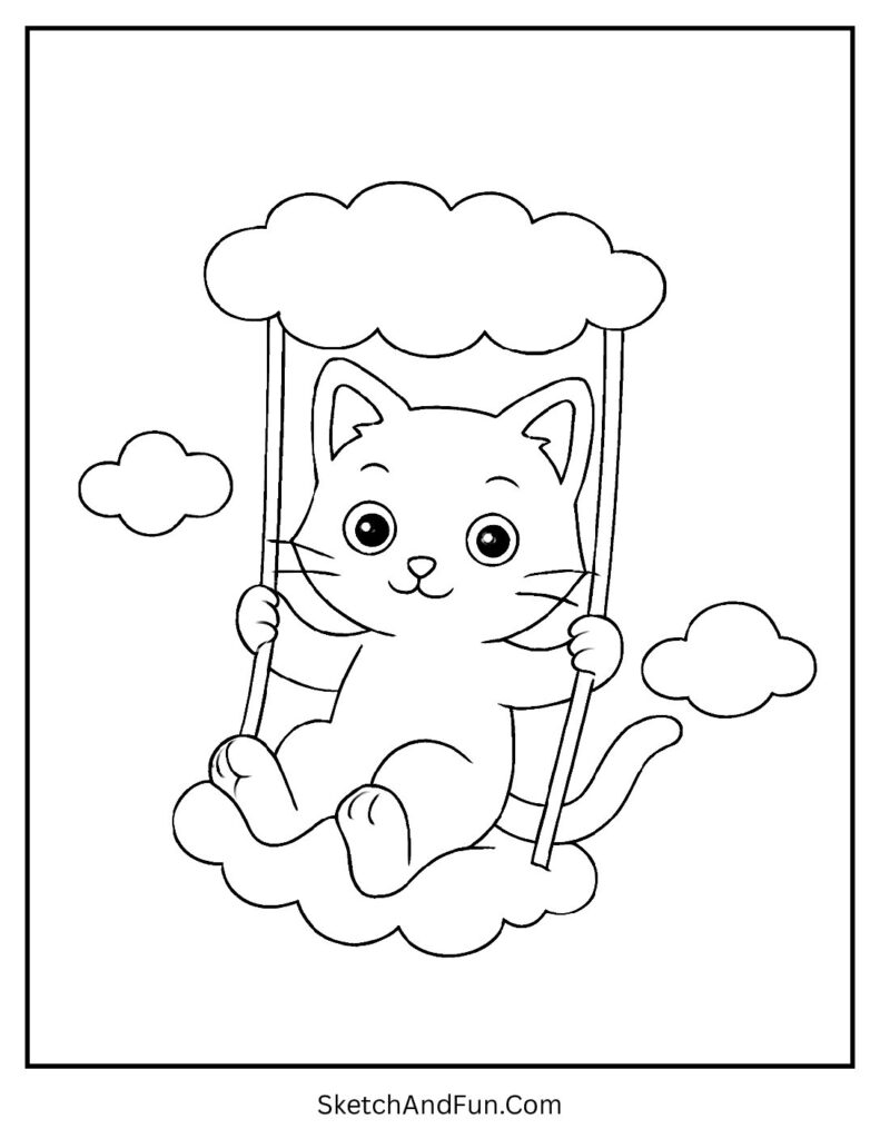 Kitten swinging on fluffy cloud for dreamy educational kitten coloring pages printable.