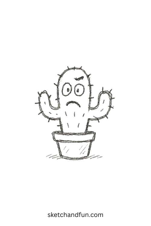 Funny confused cactus in a pot with a raised eyebrow โ great for silly drawing prompts for kids