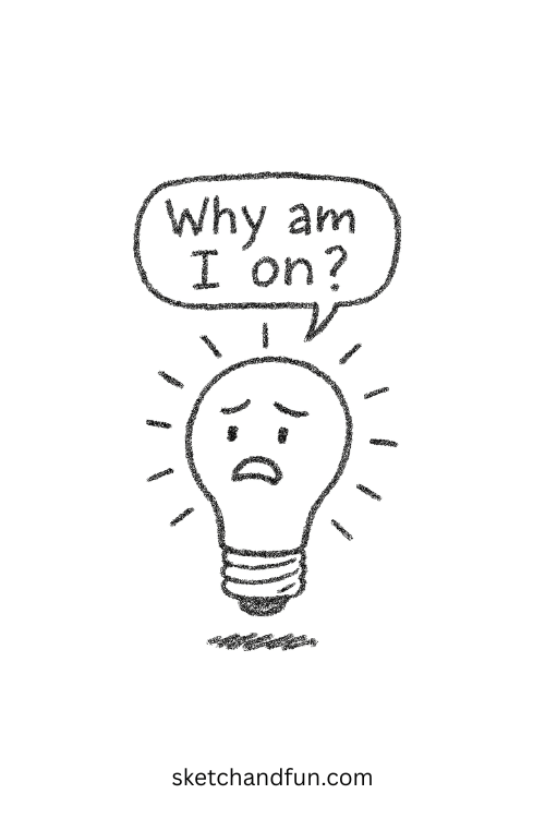 Confused light bulb glowing alone, part of goofy ahh drawings funny takes on everyday objects