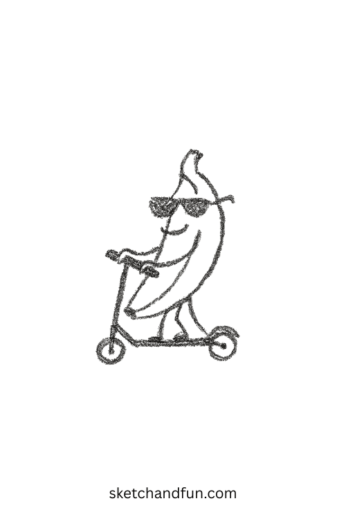 Cool banana riding scooter with shades, a viral-worthy goofy ahh drawing concept in motion
