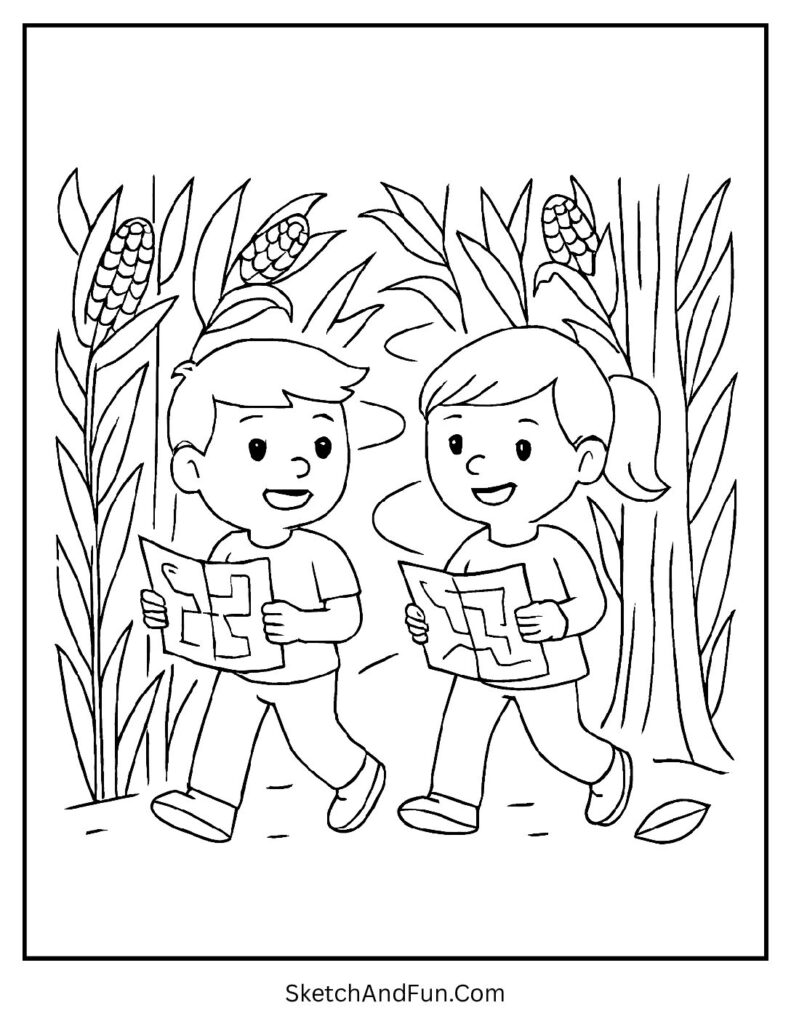 October fall coloring pages featuring a corn maze and friendly scarecrows
