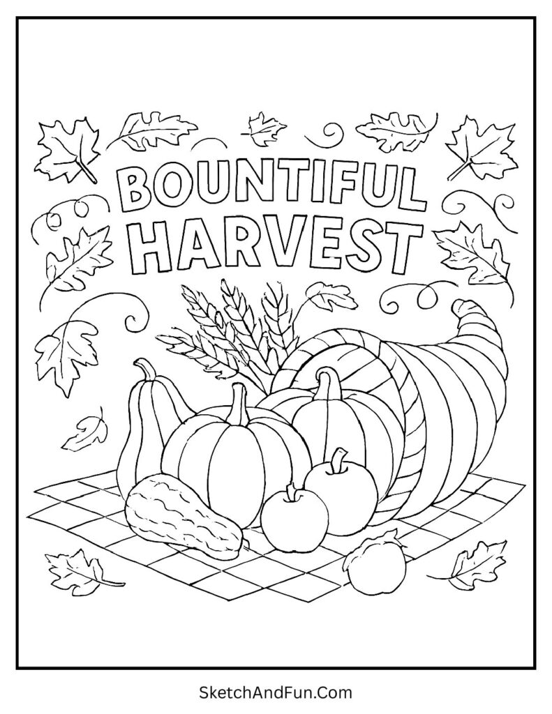 Overflowing cornucopia on Thanksgiving cornucopia coloring sheet with pumpkins and wheat.