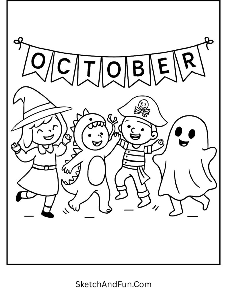 Kids dancing in costumes under “October” banner – fun October coloring pages for classroom