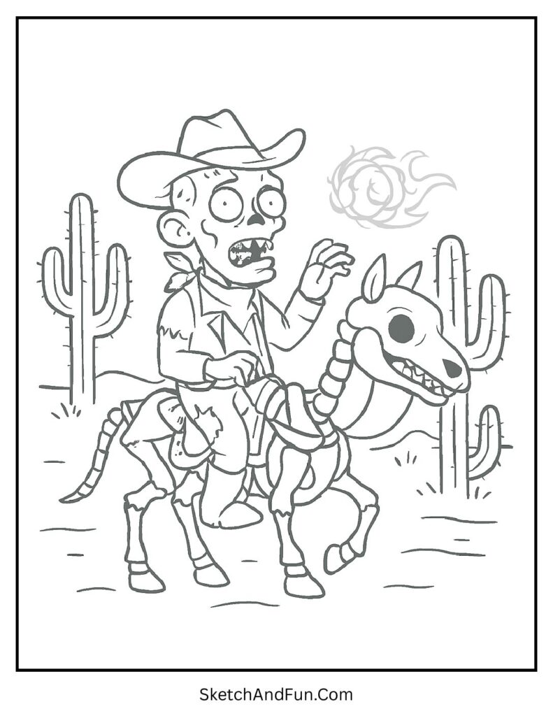 Cowboy zombie riding skeleton horse – zombie coloring pages free for adventures.