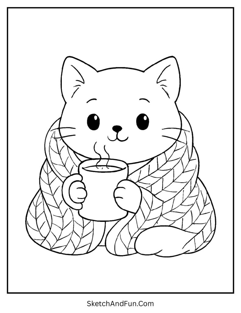 Kitten wrapped in blanket with cocoa for warm mandala cat coloring pages comfort.
