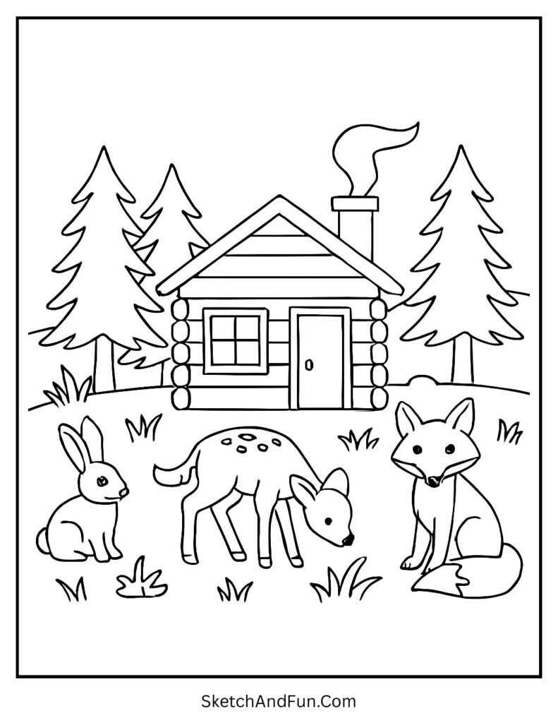 Cozy fall coloring pages with a warm log cabin and pumpkins around the porch