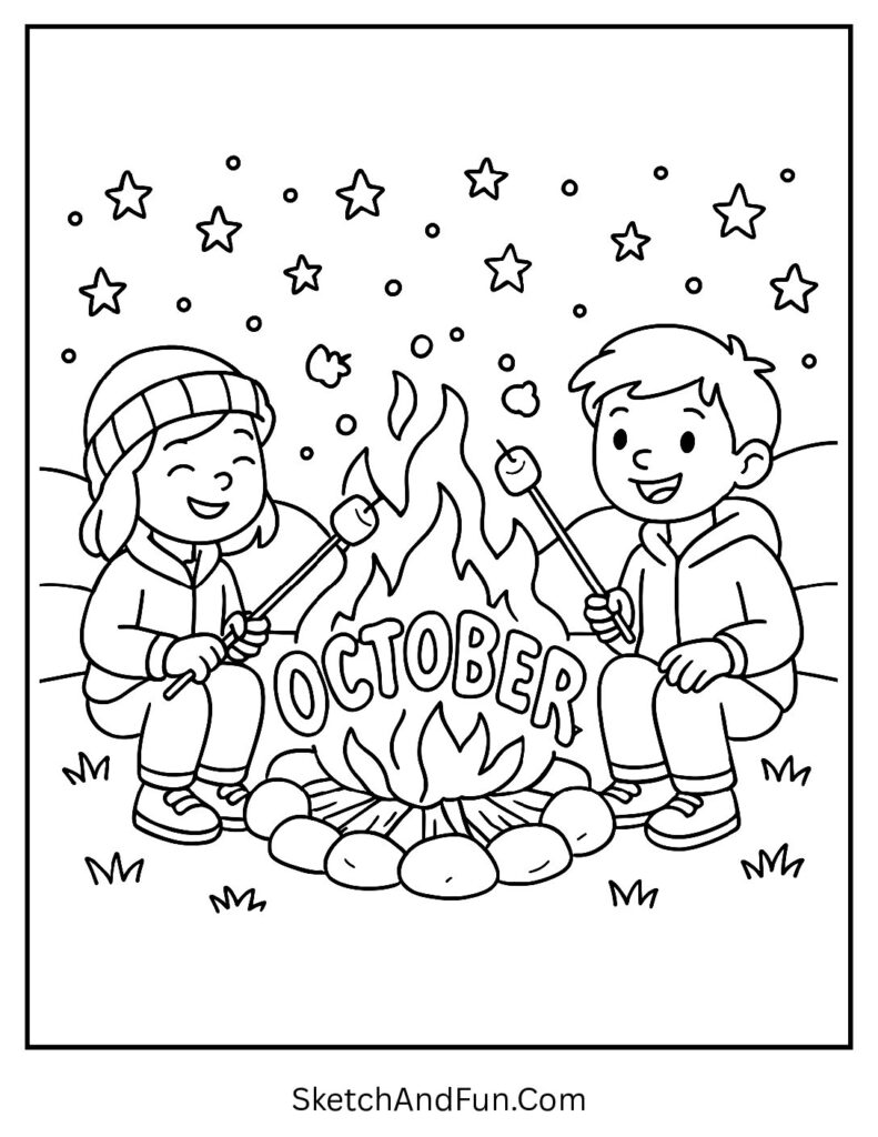 Kids around fire with glowing “October” in smoke – October coloring pages printable