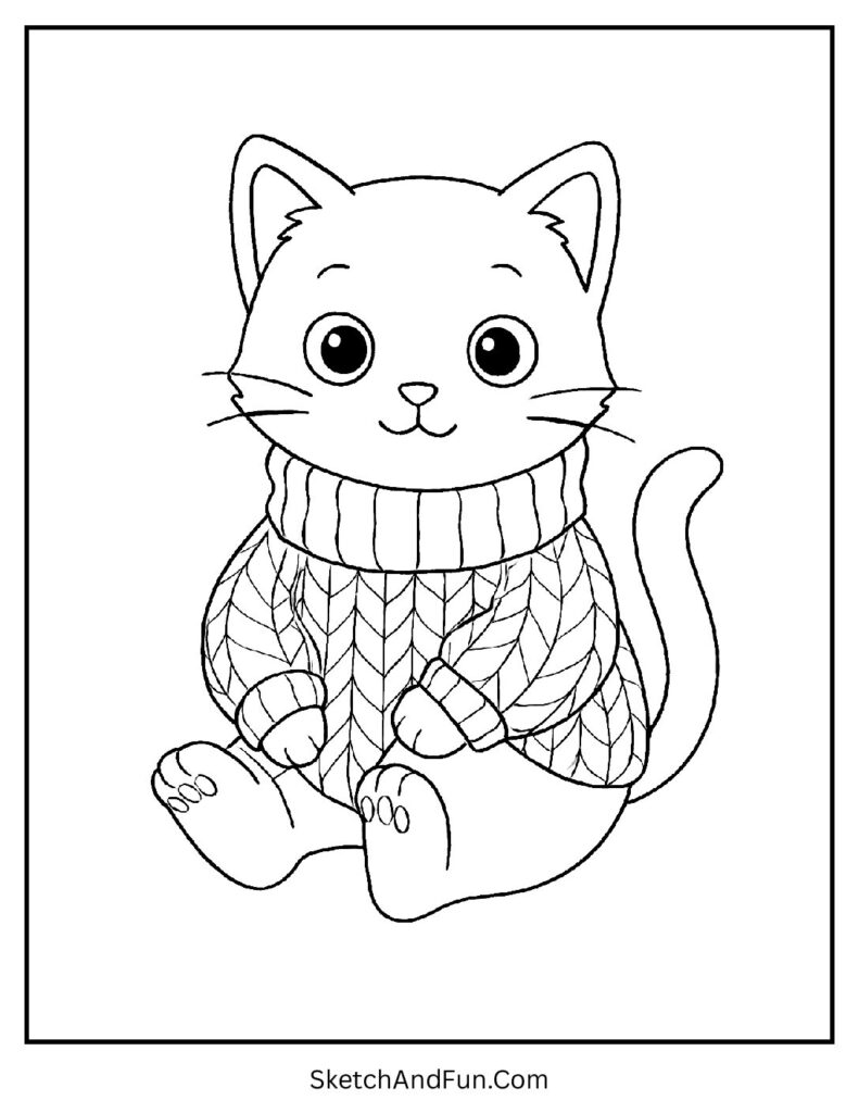 Kitten wrapped in knitted sweater for comforting fantasy cat coloring pages printable.
