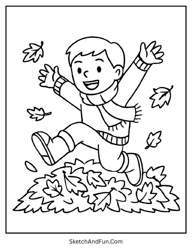 Cozy fall coloring pages with a child in scarf and boots playing in leaf piles