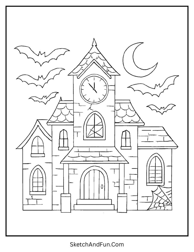Midnight clock in Halloween haunted house coloring pages.