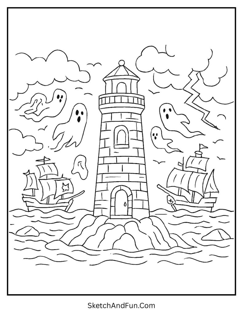 Ghostly sea in haunted house coloring pages online.