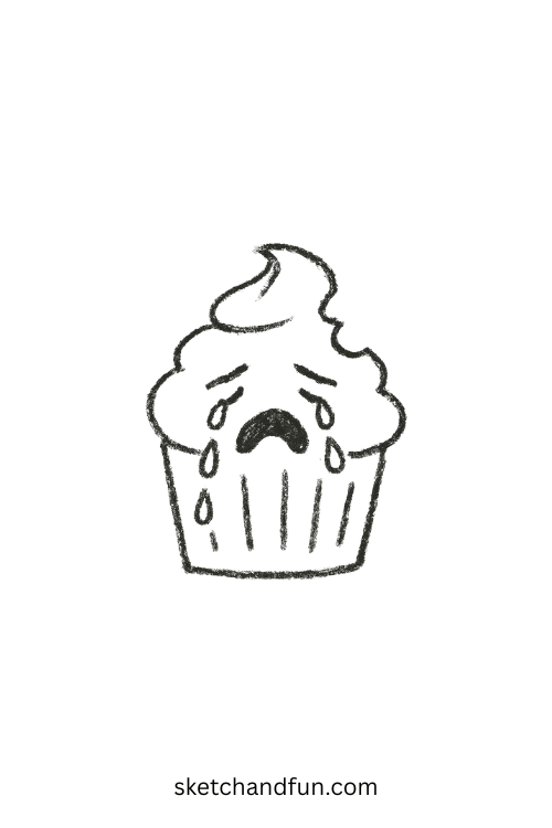 Cupcake with frosting licked off and sad face โ fits simple goofy drawings for kids.