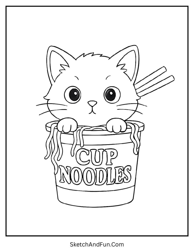 Curious kitten peeking from noodle cup for funny cat paw coloring pages activity.