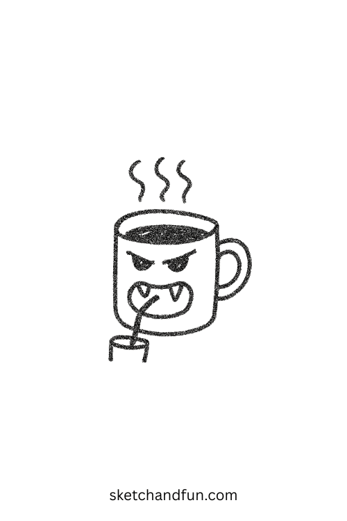 Coffee mug with vampire teeth sipping itself, iconic goofy ahh drawings