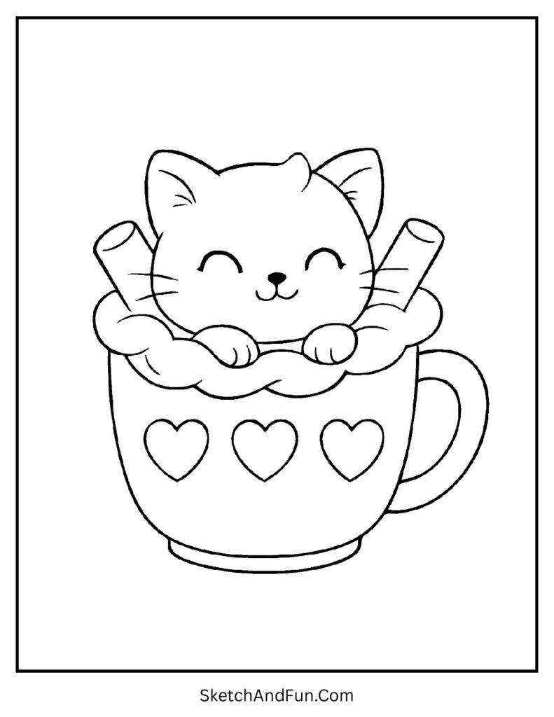 Cozy kitten in cocoa mug with cream for warm cat coloring pages coloring book