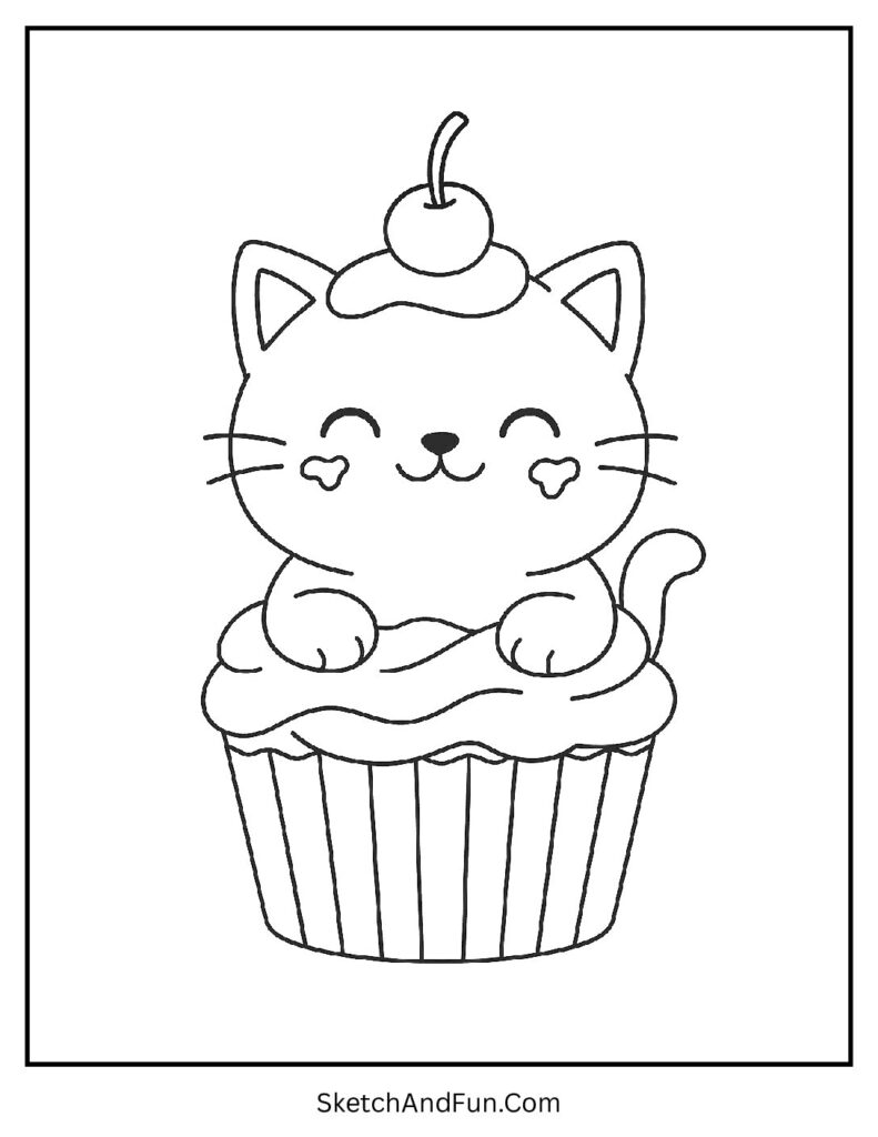 Chubby kitten hiding in a cupcake with frosting for a joyful cat coloring sheet printable.