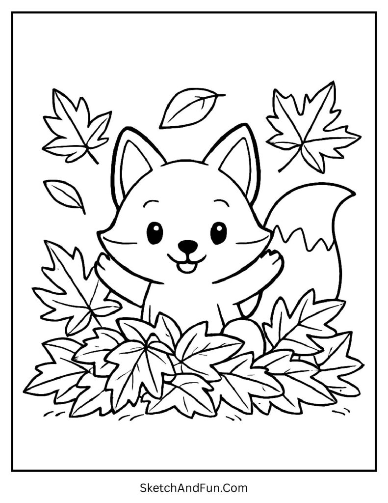 Fall coloring pages printable with a fox rolling in a pile of crunchy leaves