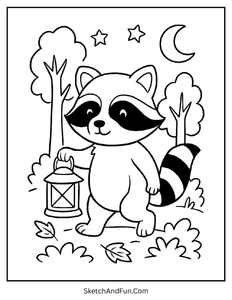 Preschool autumn coloring sheets with a raccoon holding a glowing lantern