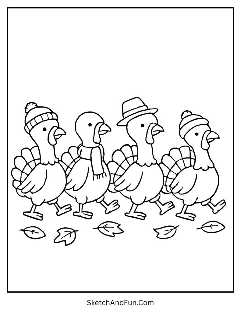 Fall coloring sheets free download with marching turkeys in hats and scarves
