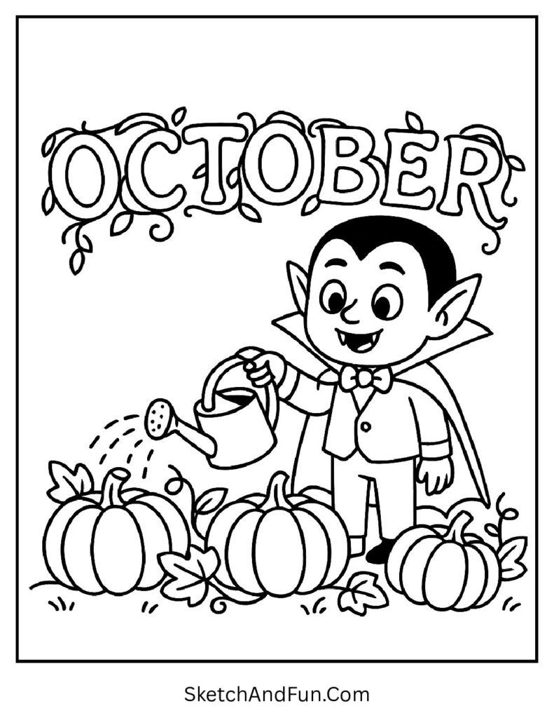 Vampire watering pumpkins with vine “October” – simple October coloring pages