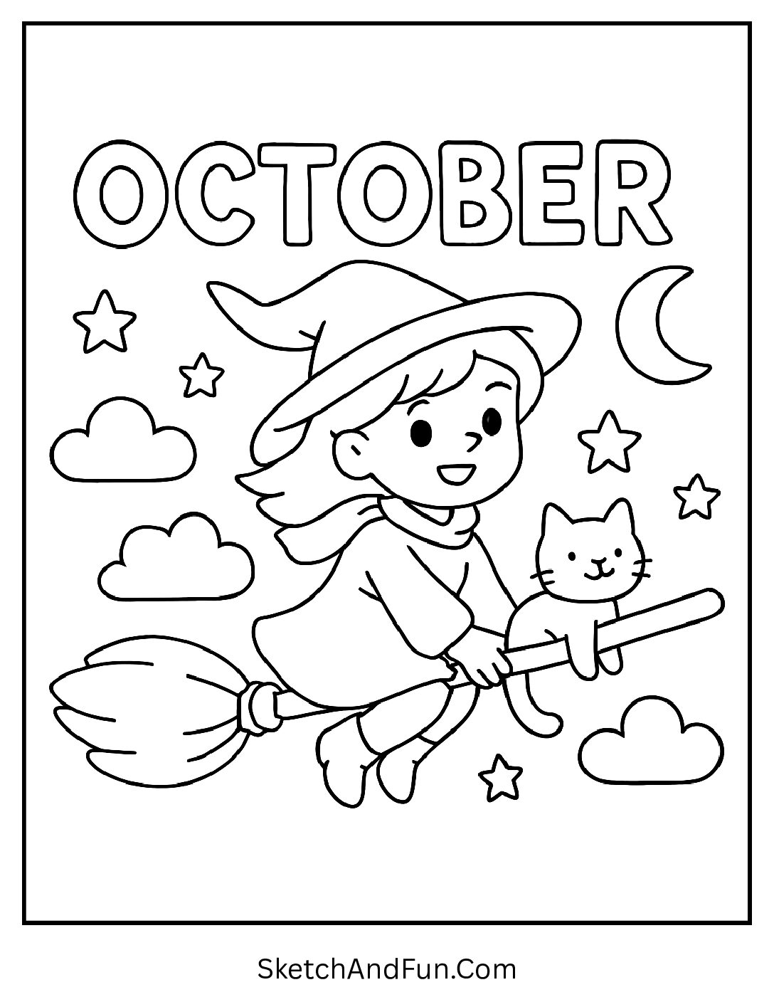 Witch flying with cat under “October” stars – Halloween October coloring pages