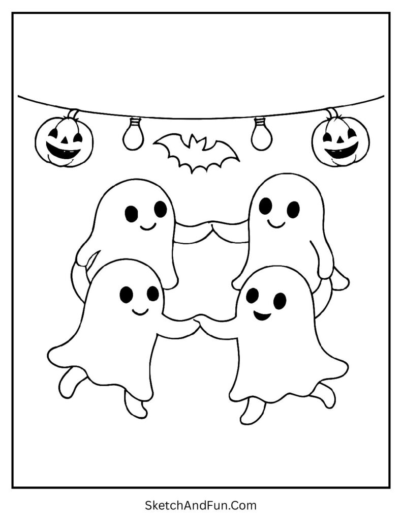 A group of dancing ghosts makes a lively scene for detailed ghost coloring pages.