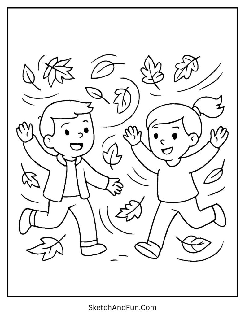 Easy fall coloring pages of kids chasing swirling autumn leaves in the breeze
