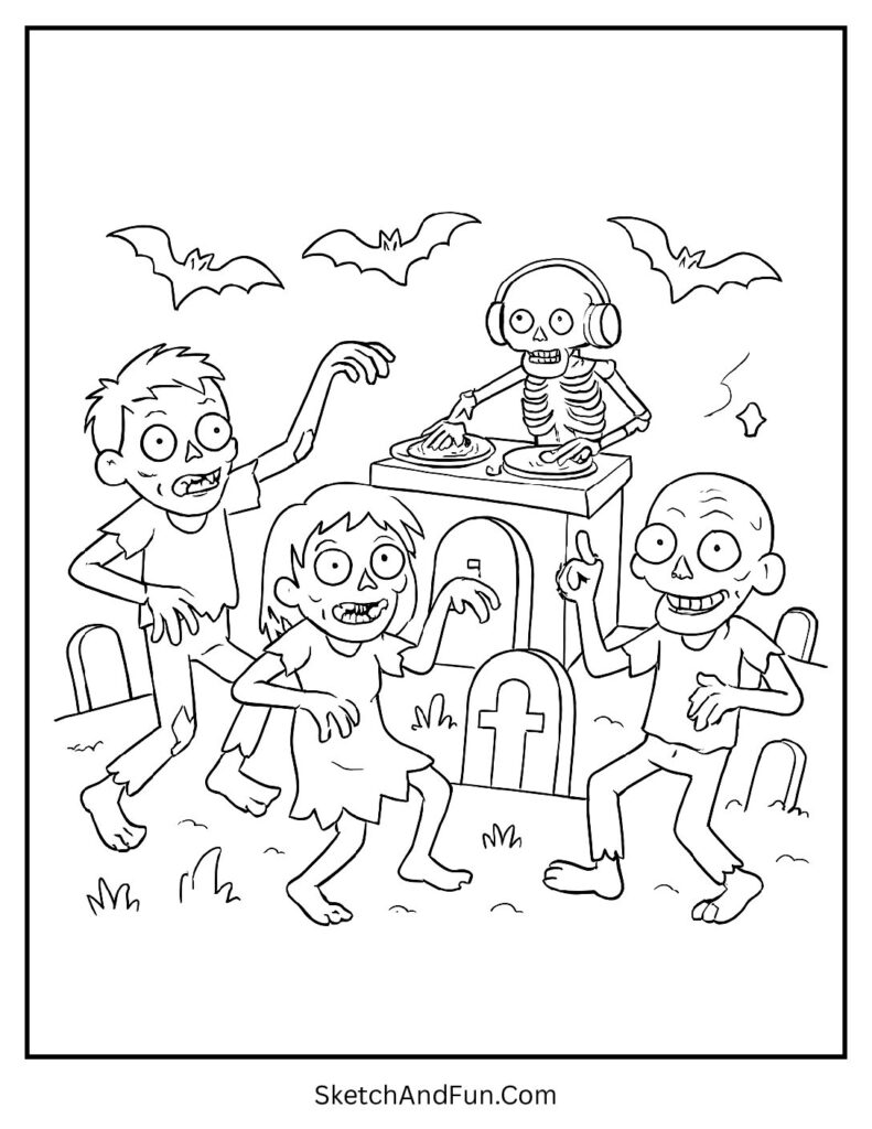Zombies dancing under bats and moonlight – cartoon zombie coloring pages for children.
