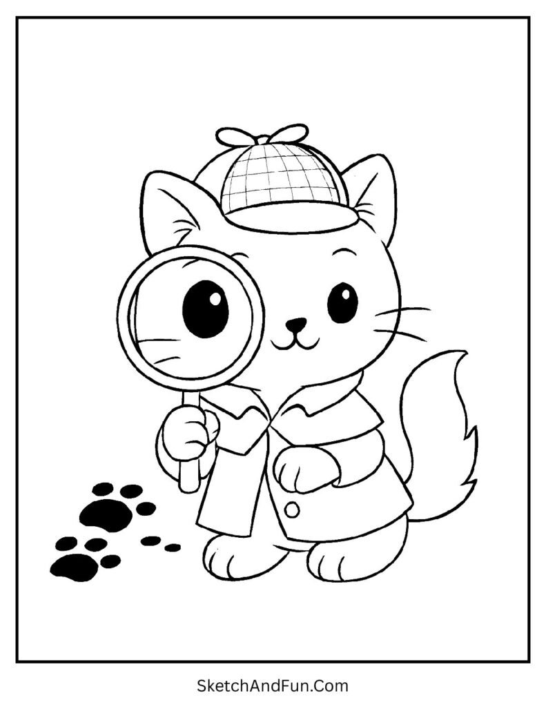 Sherlock kitten with magnifying glass for clever cat coloring pages easy mystery theme.