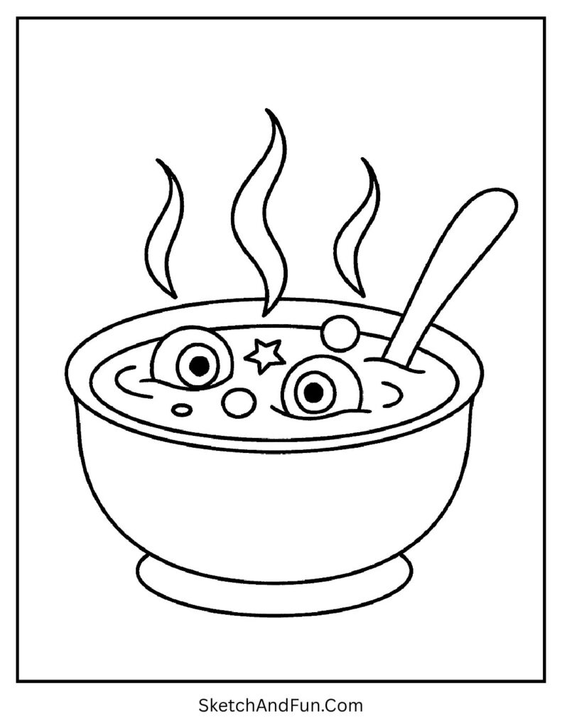 A spooky bowl of soup with floating eyeballs – Halloween coloring puzzles