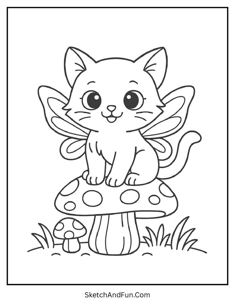 Kitten with fairy wings on a mushroom for dreamy kawaii cat coloring page with sparkles.