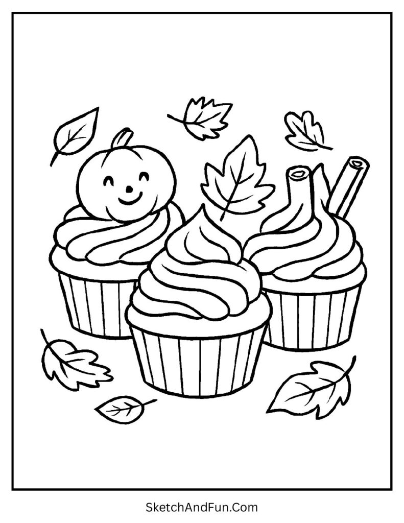 Fall coloring pages pdf featuring cupcakes topped with pumpkins and cinnamon