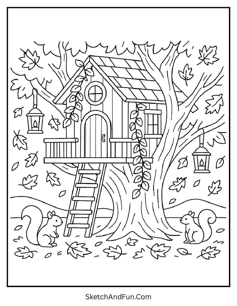 Fall coloring pages with words and a treehouse surrounded by leafy vines