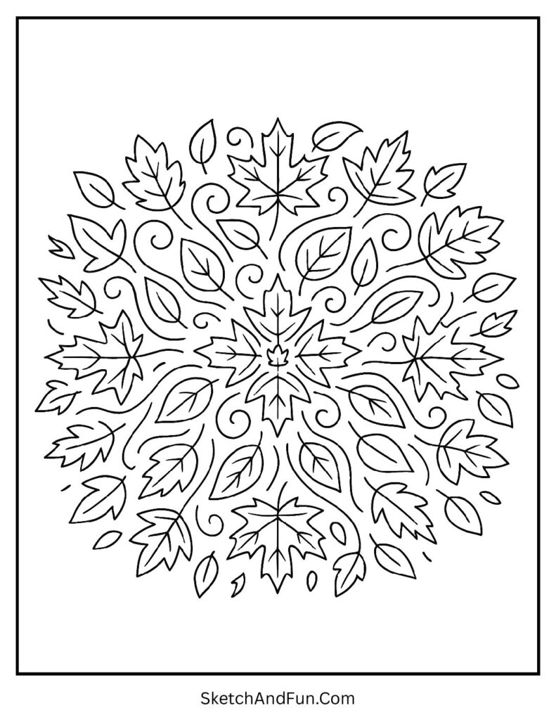 Autumn leaves coloring pages with a swirling leaf mandala for relaxing fun