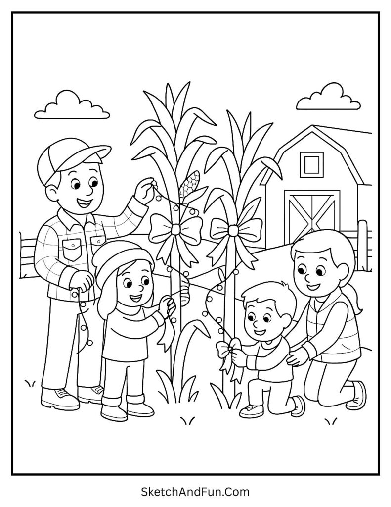 Family decorating corn stalks for thanksgiving coloring pages craft ideas.